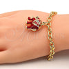 Oro Laminado Charm Bracelet, Gold Filled Style Elephant and Rolo Design, with White Crystal, Red Enamel Finish, Golden Finish, 03.179.0001.1.07 (06 MM Thickness, 7 Inches Length)