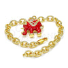 Oro Laminado Charm Bracelet, Gold Filled Style Elephant and Rolo Design, with White Crystal, Red Enamel Finish, Golden Finish, 03.179.0001.1.07 (06 MM Thickness, 7 Inches Length)