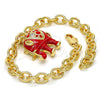 Oro Laminado Charm Bracelet, Gold Filled Style Elephant and Rolo Design, with White Crystal, Red Enamel Finish, Golden Finish, 03.179.0001.1.07 (06 MM Thickness, 7 Inches Length)