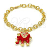 Oro Laminado Charm Bracelet, Gold Filled Style Elephant and Rolo Design, with White Crystal, Red Enamel Finish, Golden Finish, 03.179.0001.1.07 (06 MM Thickness, 7 Inches Length)