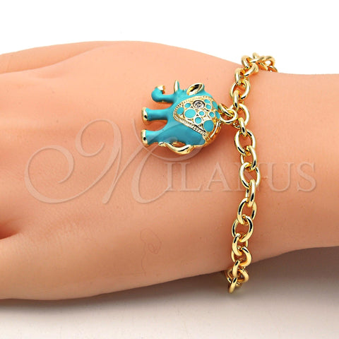 Oro Laminado Charm Bracelet, Gold Filled Style Elephant and Rolo Design, with White Crystal, Turquoise Enamel Finish, Golden Finish, 03.179.0001.2.07 (06 MM Thickness, 7 Inches Length)