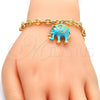 Oro Laminado Charm Bracelet, Gold Filled Style Elephant and Rolo Design, with White Crystal, Turquoise Enamel Finish, Golden Finish, 03.179.0001.2.07 (06 MM Thickness, 7 Inches Length)