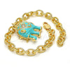 Oro Laminado Charm Bracelet, Gold Filled Style Elephant and Rolo Design, with White Crystal, Turquoise Enamel Finish, Golden Finish, 03.179.0001.2.07 (06 MM Thickness, 7 Inches Length)