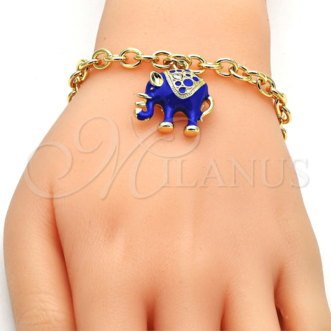 Oro Laminado Charm Bracelet, Gold Filled Style Elephant and Rolo Design, with White Crystal, Blue Enamel Finish, Golden Finish, 03.179.0001.3.07 (06 MM Thickness, 7 Inches Length)