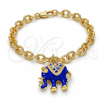 Oro Laminado Charm Bracelet, Gold Filled Style Elephant and Rolo Design, with White Crystal, Blue Enamel Finish, Golden Finish, 03.179.0001.3.07 (06 MM Thickness, 7 Inches Length)