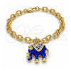 Oro Laminado Charm Bracelet, Gold Filled Style Elephant and Rolo Design, with White Crystal, Blue Enamel Finish, Golden Finish, 03.179.0001.3.07 (06 MM Thickness, 7 Inches Length)