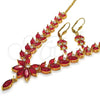 Oro Laminado Necklace and Earring, Gold Filled Style Leaf Design, with Ruby Cubic Zirconia, Polished, Golden Finish, 06.221.0001
