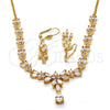 Oro Laminado Necklace and Earring, Gold Filled Style Teardrop and Leaf Design, with White Cubic Zirconia, Polished, Golden Finish, 06.221.0002