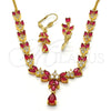 Oro Laminado Necklace and Earring, Gold Filled Style Teardrop and Leaf Design, with Ruby and White Cubic Zirconia, Polished, Golden Finish, 06.221.0004