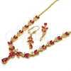 Oro Laminado Necklace and Earring, Gold Filled Style Teardrop and Leaf Design, with Ruby and White Cubic Zirconia, Polished, Golden Finish, 06.221.0004