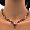 Oro Laminado Necklace and Earring, Gold Filled Style Teardrop and Leaf Design, with Multicolor Cubic Zirconia, Polished, Golden Finish, 06.205.0001