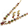 Oro Laminado Necklace and Earring, Gold Filled Style Teardrop and Leaf Design, with Multicolor Cubic Zirconia, Polished, Golden Finish, 06.205.0001