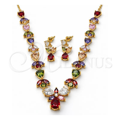 Oro Laminado Necklace and Earring, Gold Filled Style Teardrop and Leaf Design, with Multicolor Cubic Zirconia, Polished, Golden Finish, 06.205.0001