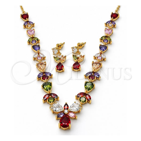Oro Laminado Necklace and Earring, Gold Filled Style Teardrop and Leaf Design, with Multicolor Cubic Zirconia, Polished, Golden Finish, 06.205.0001