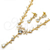Oro Laminado Necklace and Earring, Gold Filled Style Flower and Leaf Design, with White Cubic Zirconia, Polished, Golden Finish, 06.205.0002