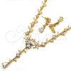 Oro Laminado Necklace and Earring, Gold Filled Style Flower and Leaf Design, with White Cubic Zirconia, Polished, Golden Finish, 06.205.0002