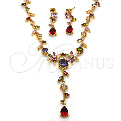 Oro Laminado Necklace and Earring, Gold Filled Style Flower and Leaf Design, with Multicolor Cubic Zirconia, Polished, Golden Finish, 06.205.0002.1