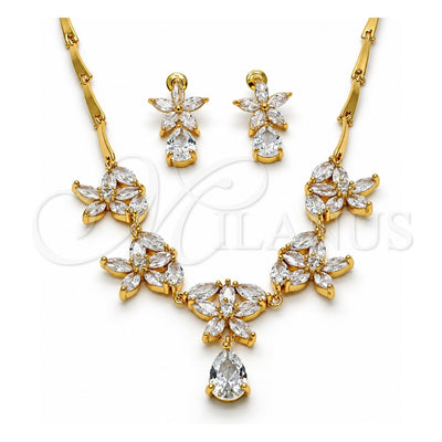 Oro Laminado Necklace and Earring, Gold Filled Style Flower and Teardrop Design, with White Cubic Zirconia, Polished, Golden Finish, 06.205.0003