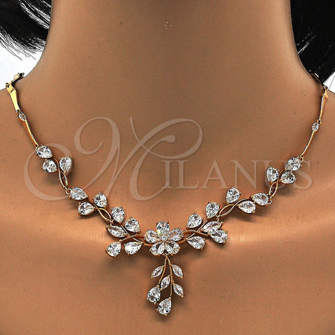 Oro Laminado Necklace and Earring, Gold Filled Style Flower and Leaf Design, with White Cubic Zirconia, Polished, Golden Finish, 06.205.0004