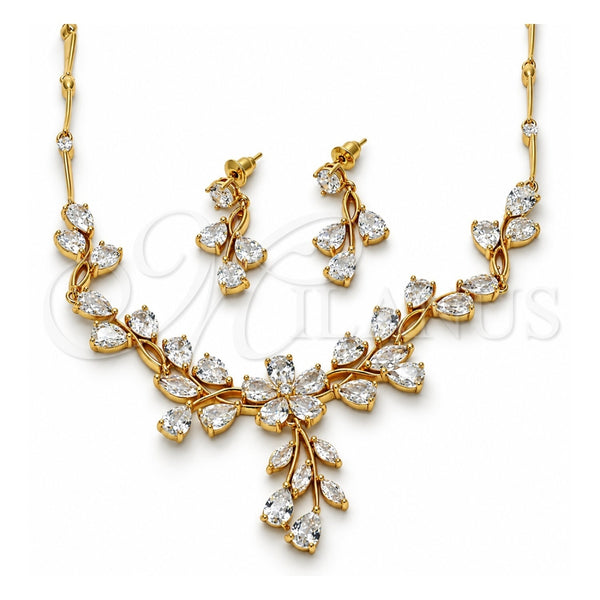 Oro Laminado Necklace and Earring, Gold Filled Style Flower and Leaf Design, with White Cubic Zirconia, Polished, Golden Finish, 06.205.0004