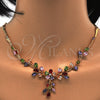 Oro Laminado Necklace and Earring, Gold Filled Style Flower and Leaf Design, with Multicolor Cubic Zirconia, Polished, Golden Finish, 06.205.0004.1
