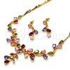 Oro Laminado Necklace and Earring, Gold Filled Style Flower and Leaf Design, with Multicolor Cubic Zirconia, Polished, Golden Finish, 06.205.0004.1