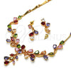 Oro Laminado Necklace and Earring, Gold Filled Style Flower and Leaf Design, with Multicolor Cubic Zirconia, Polished, Golden Finish, 06.205.0004.1
