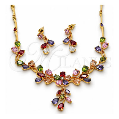 Oro Laminado Necklace and Earring, Gold Filled Style Flower and Leaf Design, with Multicolor Cubic Zirconia, Polished, Golden Finish, 06.205.0004.1