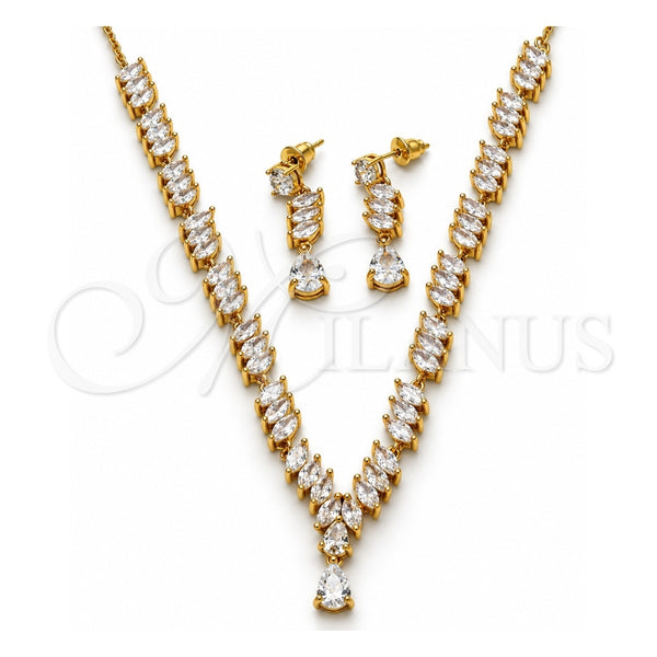 Oro Laminado Necklace and Earring, Gold Filled Style Teardrop Design, with White Cubic Zirconia, Polished, Golden Finish, 06.205.0005