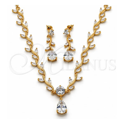 Oro Laminado Necklace and Earring, Gold Filled Style Teardrop and Leaf Design, with White Cubic Zirconia, Polished, Golden Finish, 06.205.0006