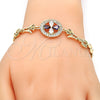 Oro Laminado Fancy Bracelet, Gold Filled Style Flower Design, with Amethyst and White Cubic Zirconia, Polished, Golden Finish, 03.210.0044.2.08 (8 Inches Length)