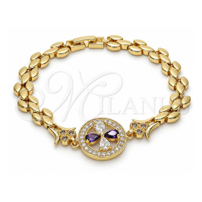 Oro Laminado Fancy Bracelet, Gold Filled Style Flower Design, with Amethyst and White Cubic Zirconia, Polished, Golden Finish, 03.210.0044.2.08 (8 Inches Length)