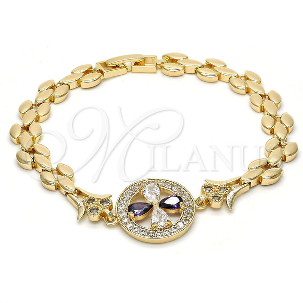 Oro Laminado Fancy Bracelet, Gold Filled Style Flower Design, with Amethyst and White Cubic Zirconia, Polished, Golden Finish, 03.210.0044.2.08 (8 Inches Length)