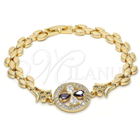 Oro Laminado Fancy Bracelet, Gold Filled Style Flower Design, with Amethyst and White Cubic Zirconia, Polished, Golden Finish, 03.210.0044.2.08 (8 Inches Length)
