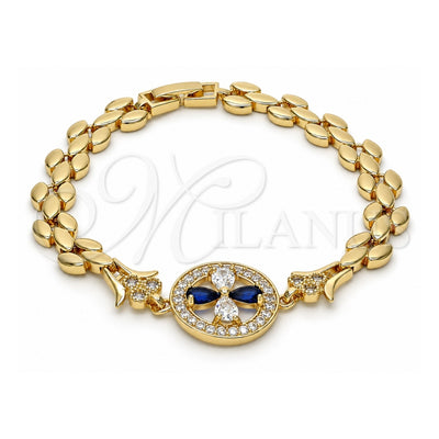 Oro Laminado Fancy Bracelet, Gold Filled Style Flower Design, with Sapphire Blue and White Cubic Zirconia, Polished, Golden Finish, 03.210.0044.3.08 (08 MM Thickness, 8 Inches Length)