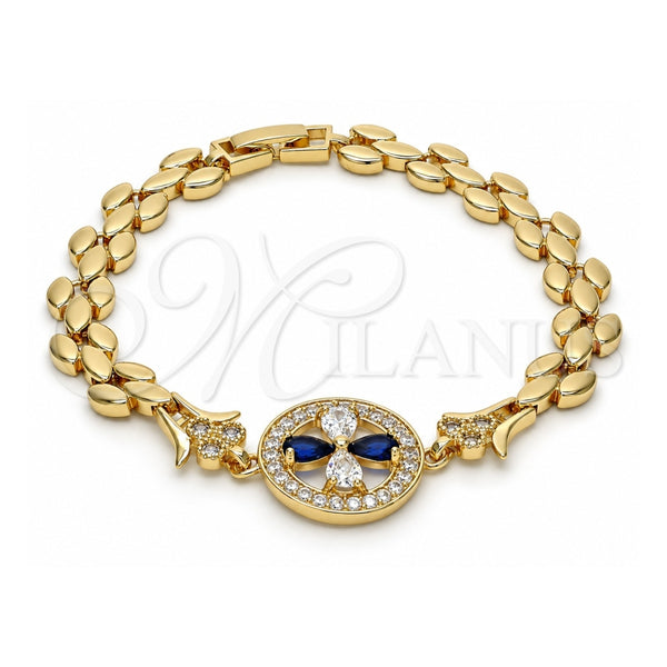 Oro Laminado Fancy Bracelet, Gold Filled Style Flower Design, with Sapphire Blue and White Cubic Zirconia, Polished, Golden Finish, 03.210.0044.3.08 (08 MM Thickness, 8 Inches Length)