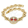 Oro Laminado Fancy Bracelet, Gold Filled Style Flower Design, with Ruby and White Cubic Zirconia, Polished, Golden Finish, 03.210.0044.4.08 (08 MM Thickness, 8 Inches Length)