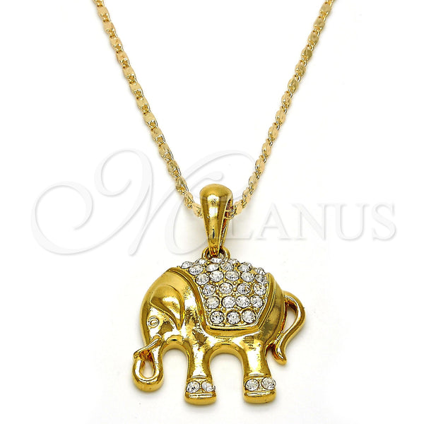 Oro Laminado Pendant Necklace, Gold Filled Style Elephant Design, with White Crystal, Polished, Golden Finish, 04.118.0116.18 (02 MM Thickness, 18 Inches Length)