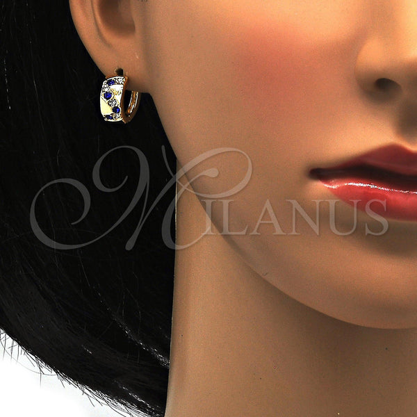 Gold Filled Hoop Earrings — Huggie Hoop with Sapphire Blue and White Crystal — alternate product view — SKU 114418 | Oro Laminado aretes de aro — Huggie Hoop with Sapphire Blue and cristal blanco — SKU 114418