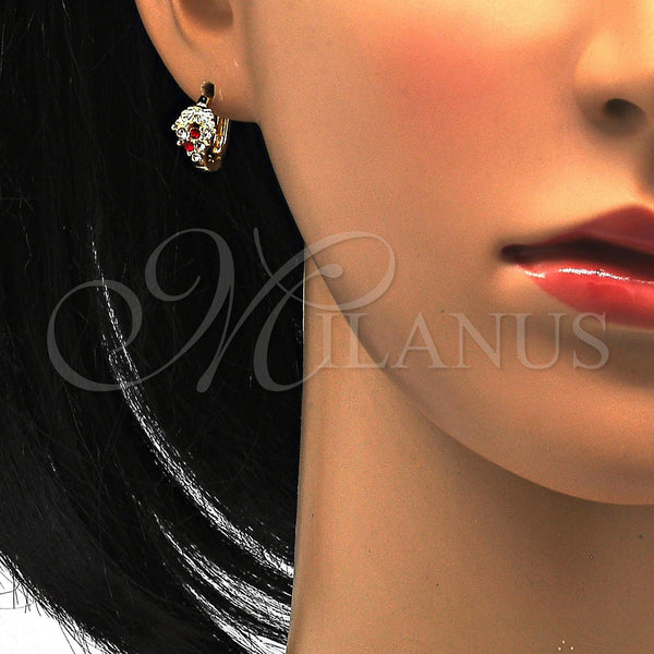 Gold Filled Hoop Earrings — Huggie Hoop Strawberry Design with Garnet and White — alternate product view — SKU 114421 | Oro Laminado aretes de aro — Huggie Hoop Strawberry diseño with Garnet and blanco — SKU 114421