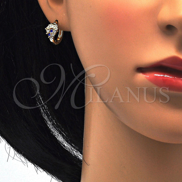 Gold Filled Hoop Earrings — Huggie Hoop Strawberry Design with Sapphire Blue and — alternate product view — SKU 114422 | Oro Laminado aretes de aro — Huggie Hoop Strawberry diseño with Sapphire Blue and — SKU 114422