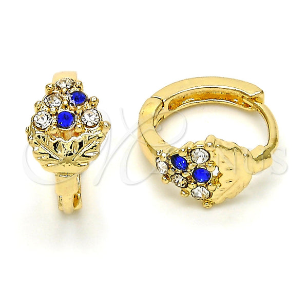 Gold Filled Hoop Earrings — Huggie Hoop Strawberry Design with Sapphire Blue and — main product view — SKU 114422 | Oro Laminado aretes de aro — Huggie Hoop Strawberry diseño with Sapphire Blue and — SKU 114422