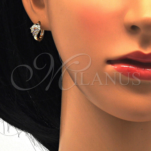 Gold Filled Hoop Earrings — Huggie Hoop Strawberry Design with Amethyst and White — alternate product view — SKU 114423 | Oro Laminado aretes de aro — Huggie Hoop Strawberry diseño with Amethyst and blanco — SKU 114423
