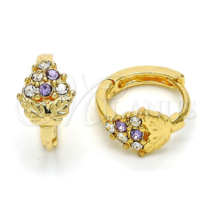 Gold Filled Hoop Earrings — Huggie Hoop Strawberry Design with Amethyst and White — main product view — SKU 114423 | Oro Laminado aretes de aro — Huggie Hoop Strawberry diseño with Amethyst and blanco — SKU 114423
