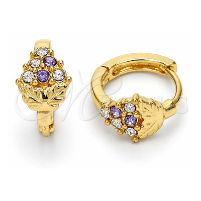 Oro Laminado Huggie Hoop, Gold Filled Style Strawberry Design, with Amethyst and White Crystal, Polished, Golden Finish, 02.165.0130.4