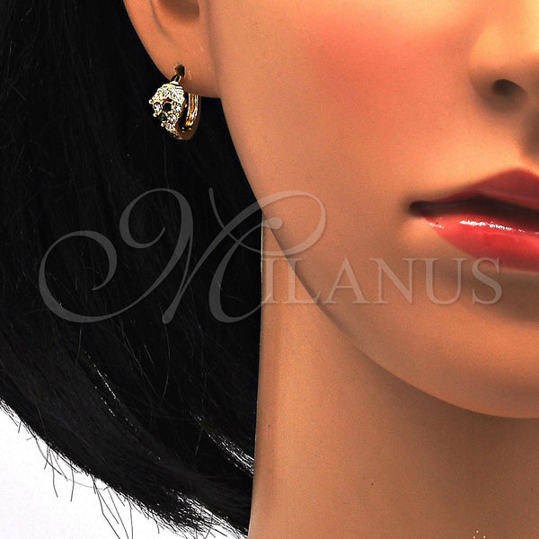 Gold Filled Hoop Earrings — Huggie Hoop Strawberry Design with Green and White — alternate product view — SKU 114424 | Oro Laminado aretes de aro — Huggie Hoop Strawberry diseño with Green and blanco — SKU 114424
