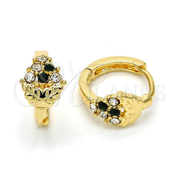 Oro Laminado Huggie Hoop, Gold Filled Style Strawberry Design, with Green and White Crystal, Polished, Golden Finish, 02.165.0130.5