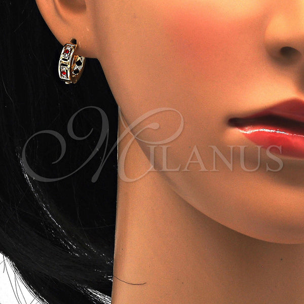 Gold Filled Hoop Earrings — Huggie Hoop with Garnet and White Crystal Polished — alternate product view — SKU 114425 | Oro Laminado aretes de aro — Huggie Hoop with Garnet and cristal blanco pulido — SKU 114425