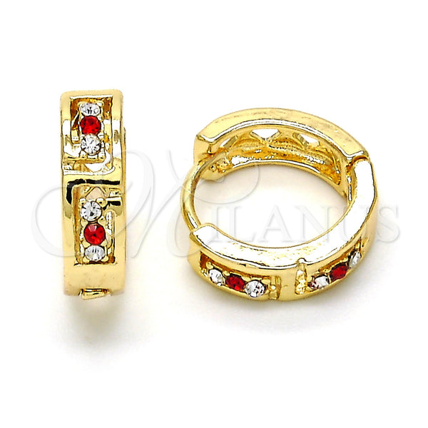 Gold Filled Hoop Earrings — Huggie Hoop with Garnet and White Crystal Polished — main product view — SKU 114425 | Oro Laminado aretes de aro — Huggie Hoop with Garnet and cristal blanco pulido — SKU 114425