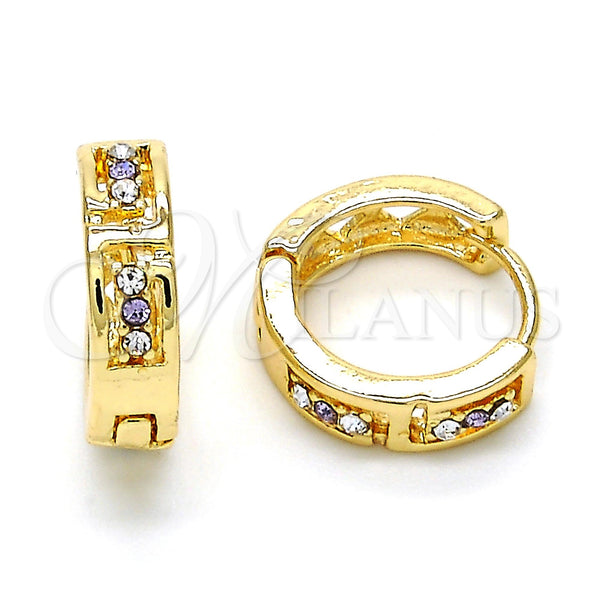 Gold Filled Hoop Earrings — Huggie Hoop with Amethyst and White Crystal Polished — main product view — SKU 114427 | Oro Laminado aretes de aro — Huggie Hoop with Amethyst and cristal blanco pulido — SKU 114427